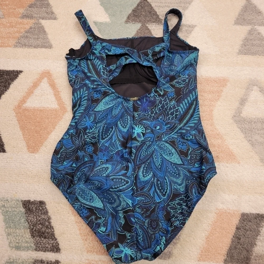 Lands End Womens Blue Paisley Slender Tummy Control One Piece Swim Suit 14 - Picture 7 of 9